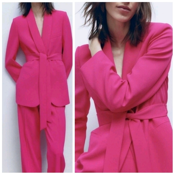 NWT ZARA $130 Belted Tuxedo Blazer Vibrant Pink Women's XL Neon Fuschia NEW! - Picture 3 of 16